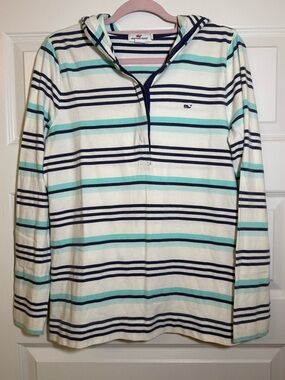 Vineyard Vines White, Navy, & Aqua Striped Hooded Pullover - Size: L